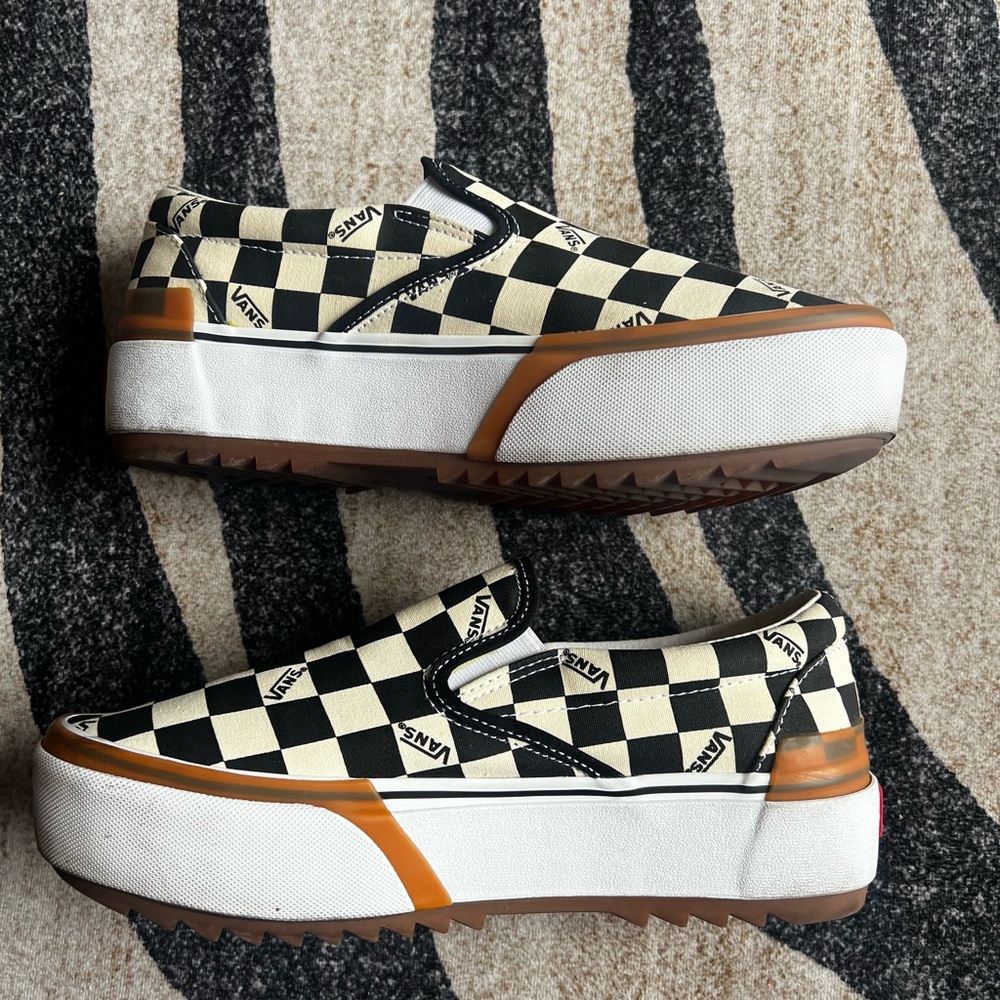 Vans Black and Cream Checkerboard Slip-On Platforms